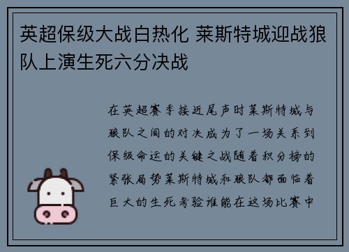 英超保级大战白热化 莱斯特城迎战狼队上演生死六分决战 英超保级大战白热化 莱斯特城迎战狼队上演生死六分决战