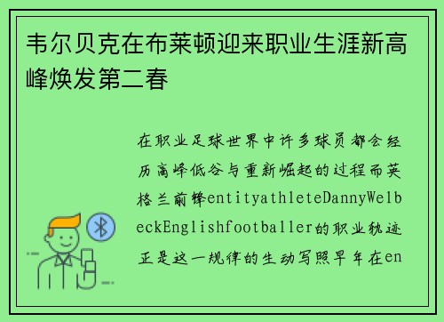 韦尔贝克在布莱顿迎来职业生涯新高峰焕发第二春 韦尔贝克在布莱顿迎来职业生涯新高峰焕发第二春
